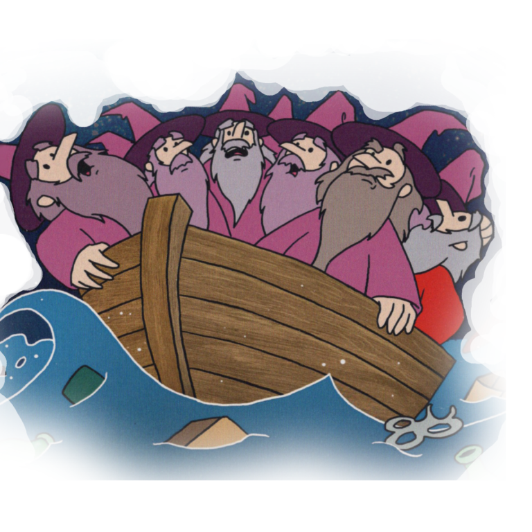 cartoon Image of a group of Pink Wizards in an old wooden Boat in choppy seas